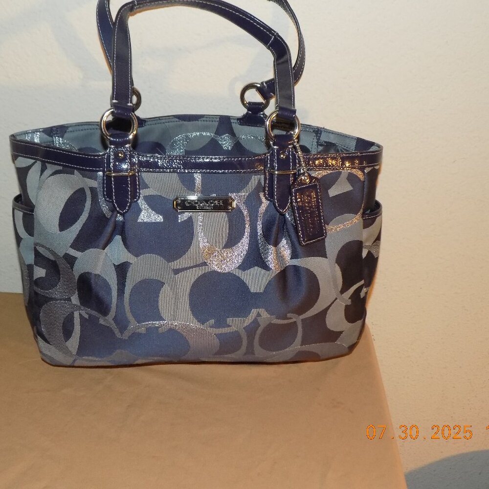 Coach Gallery Optic Signature Metallic Blue Silver Tote 19664